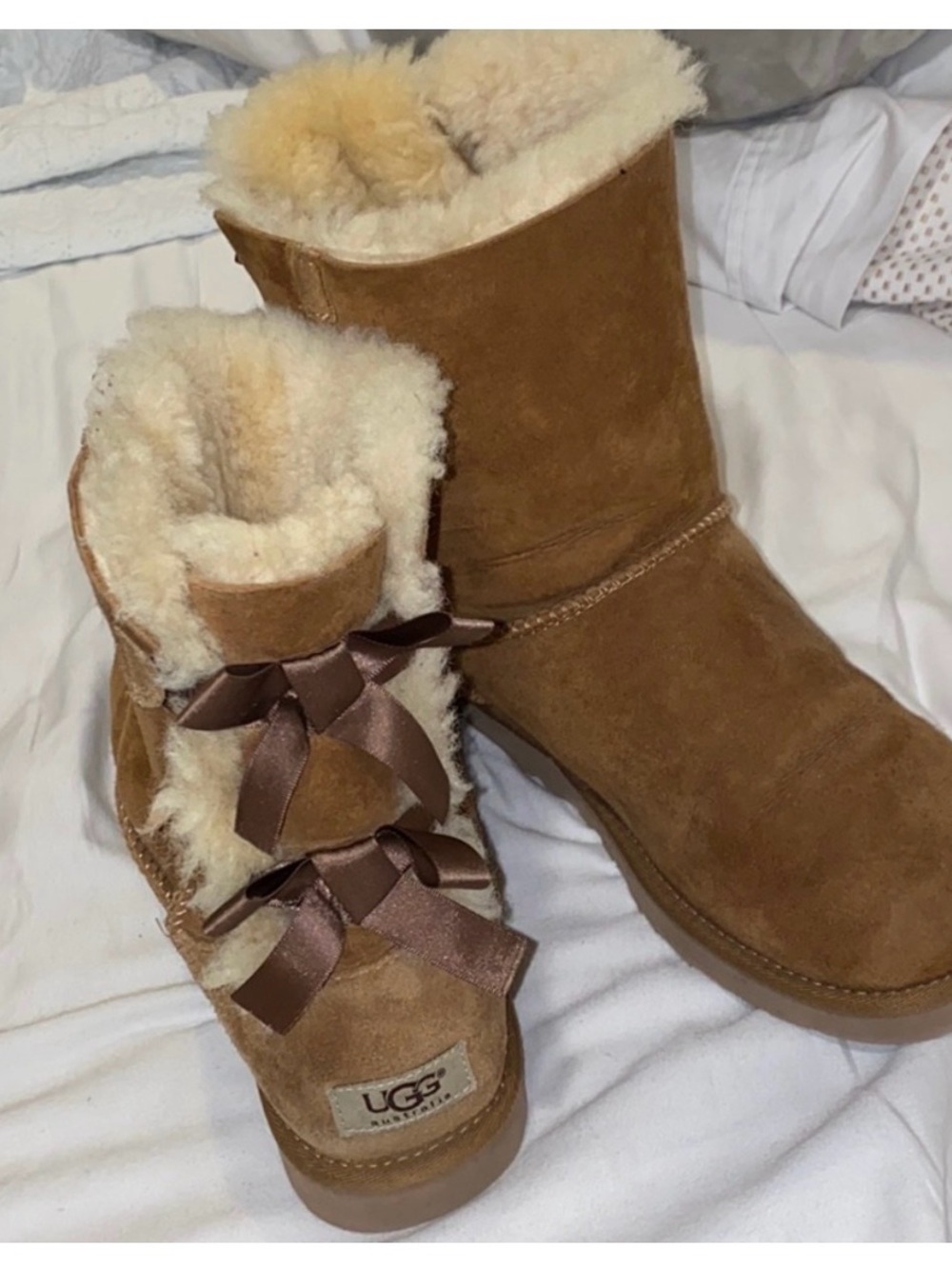 UGG Chestnut Suede Short Shearling Boots with Back Ribbon Bows